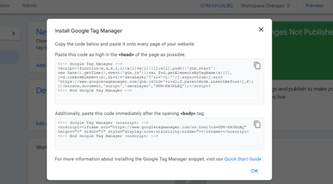 Copy tag manager code