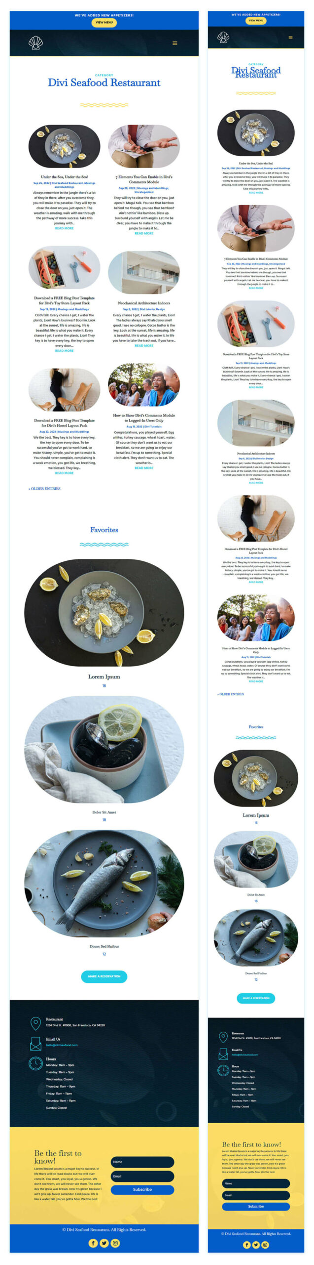 Divi Seafood Restaurant Category Page Template for tablet and mobile