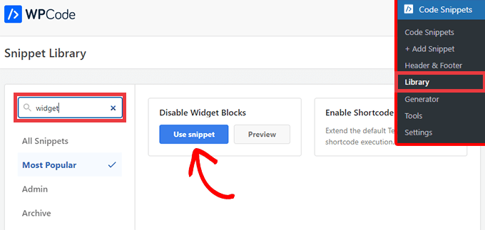 Select the Disable Widget Blocks snippet from the WPCode library