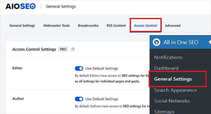 Click the Access Control tab on the General Settings page in AIOSEO