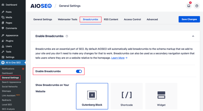 The AIOSEO Breadcrumbs Settings Page