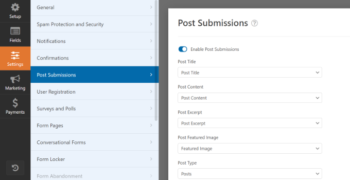 Post submission settings in WPForms