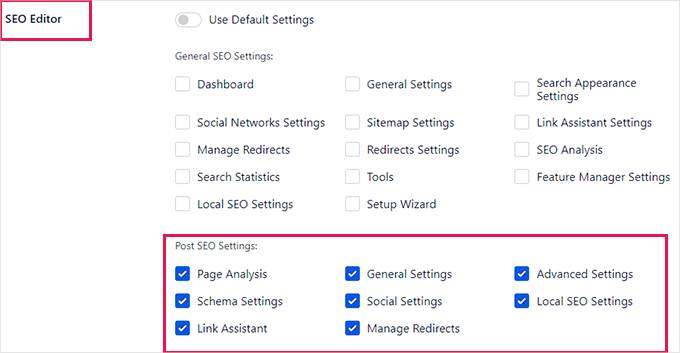 Default settings for SEO Editor user role