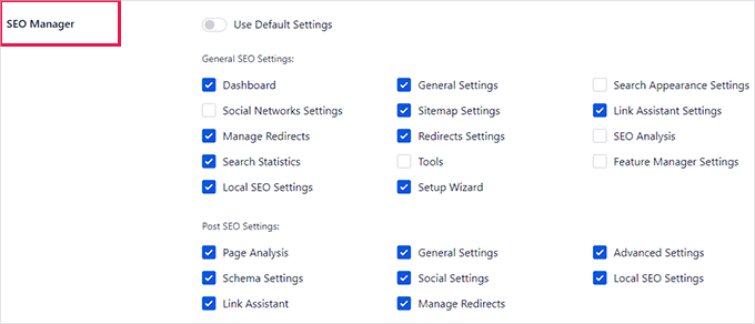 SEO manager default settings