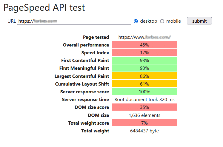 Example test result from PageSpeed API