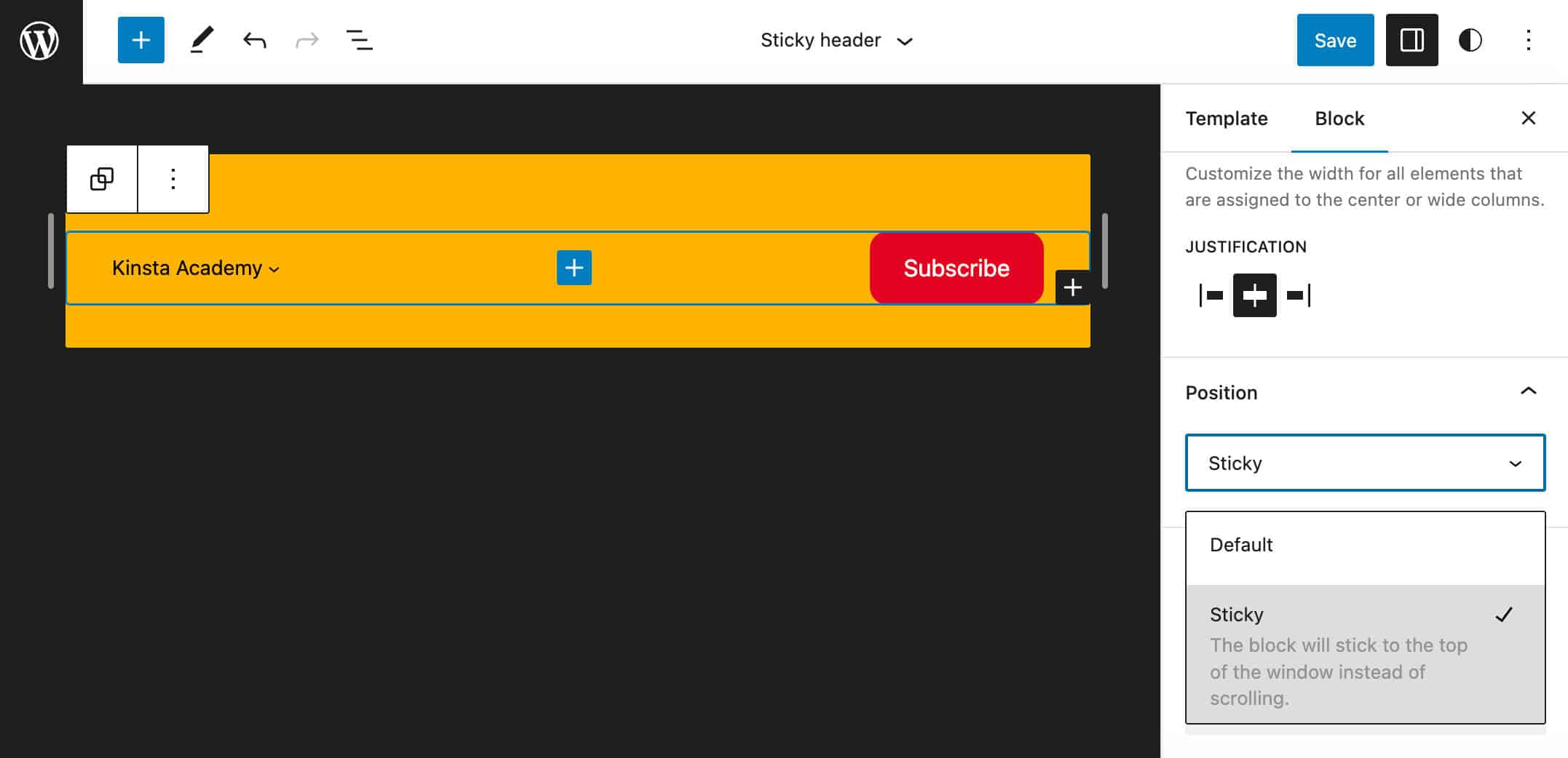 Setting Position to Sticky in a Group block