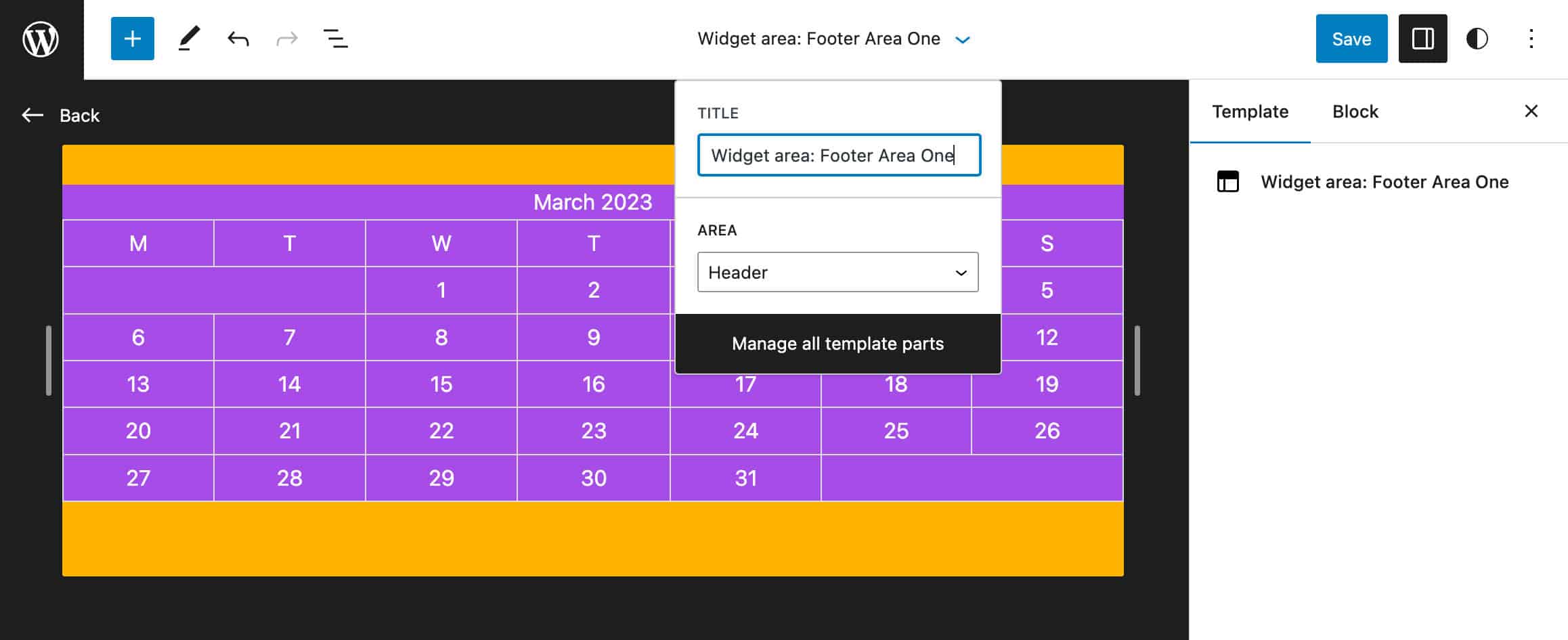 Previewing an imported widget area