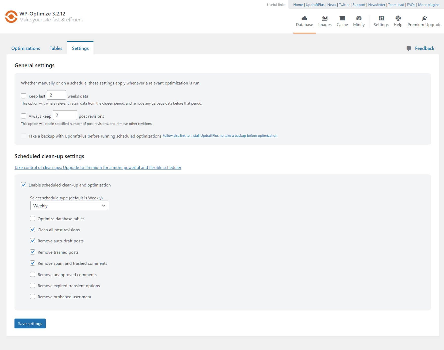 WP Optimize database clean up settings