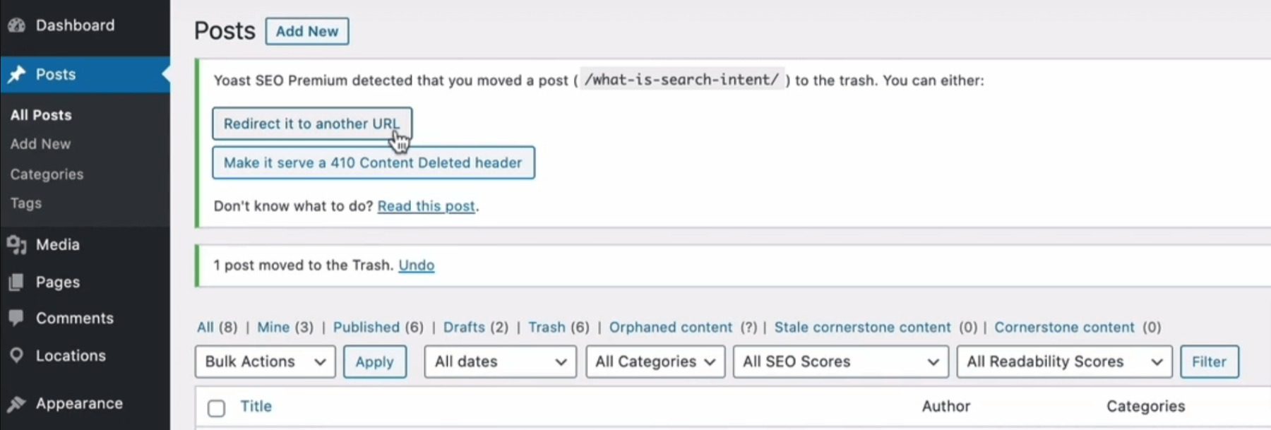 Using the Yoast SEO redirect manager