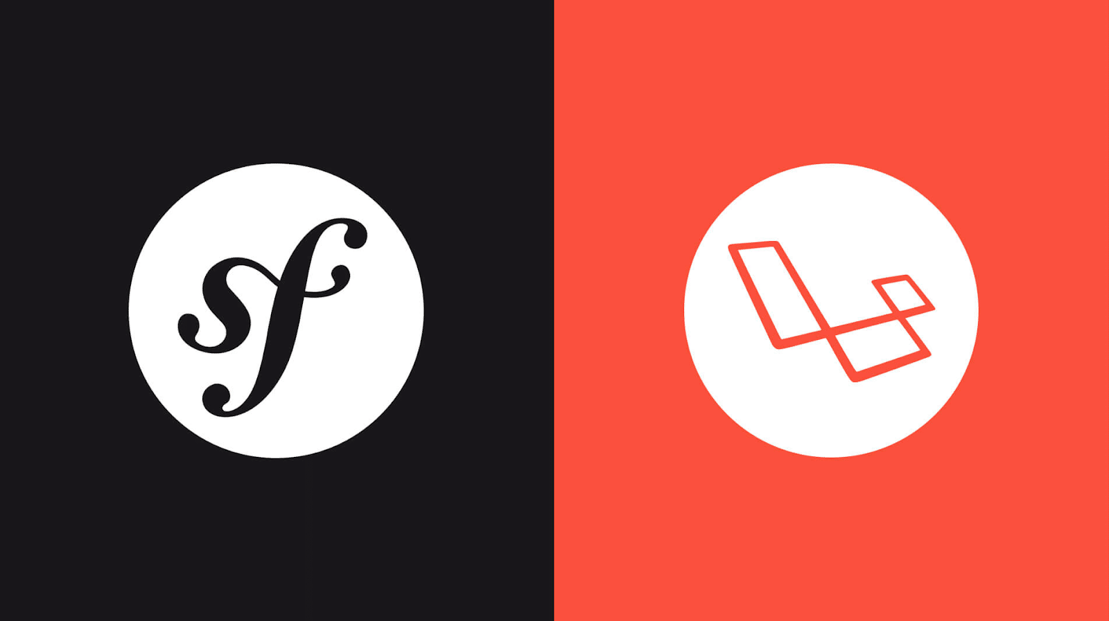 The Symfony logo with the initials "sf" in white atop a black circle to the left with the black background and the Laravel logo on a red background to the right.