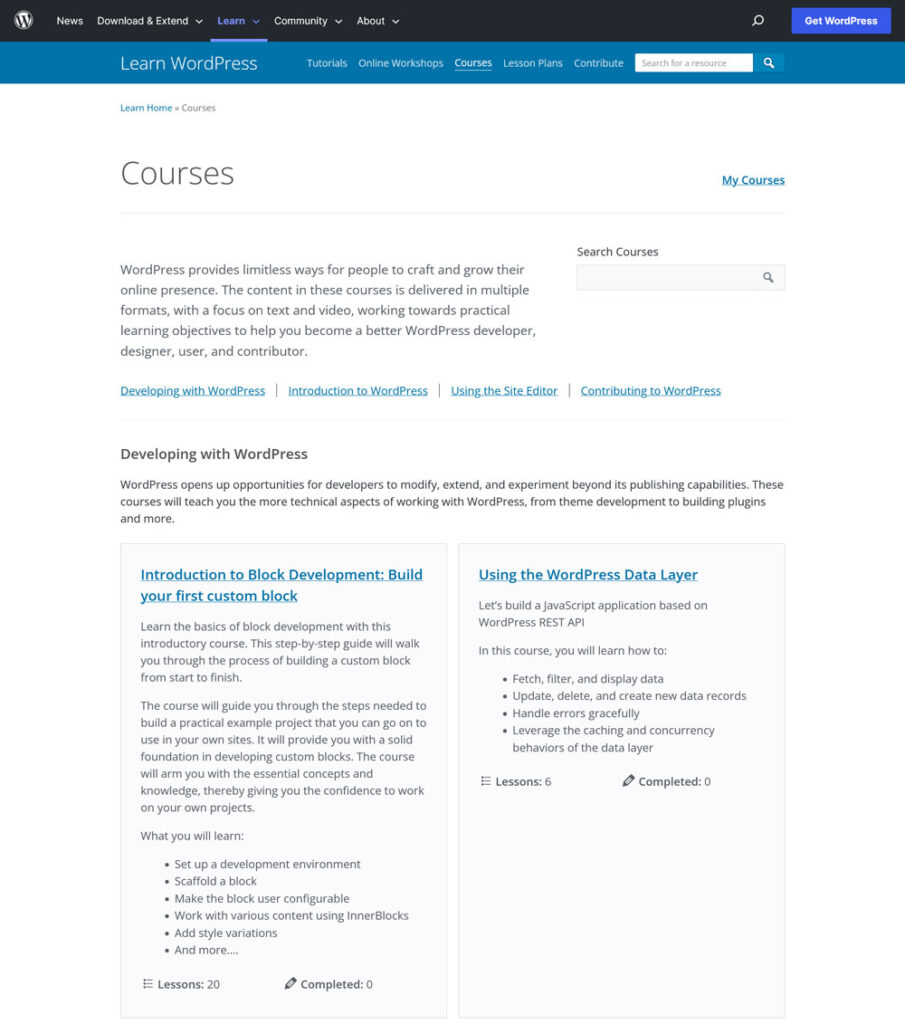 available courses in learn wordpress