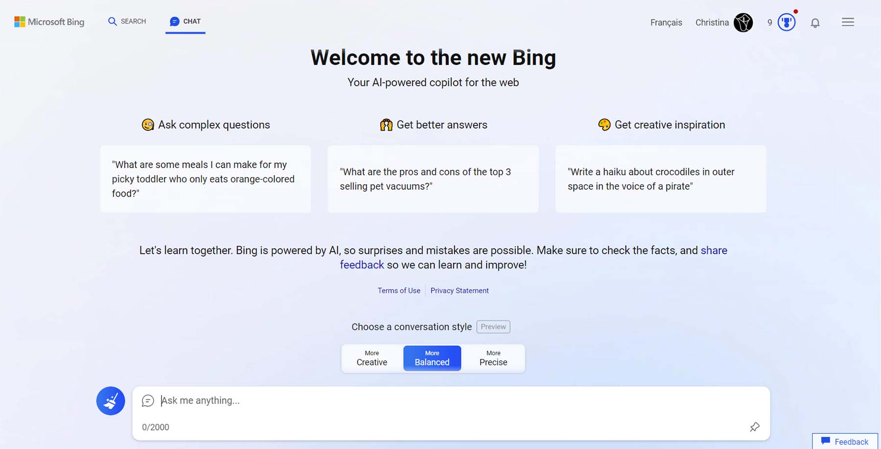 Bing AI interface