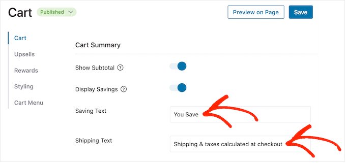 Customizing the message on a sliding side cart screen