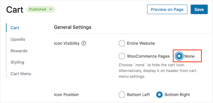 FunnelKit's 'icon visibility' settings