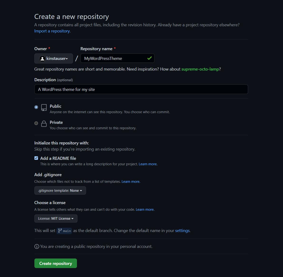 GitHub new repo page with the fields Owner, Repository name, Description, Accessibility, README, and license files.