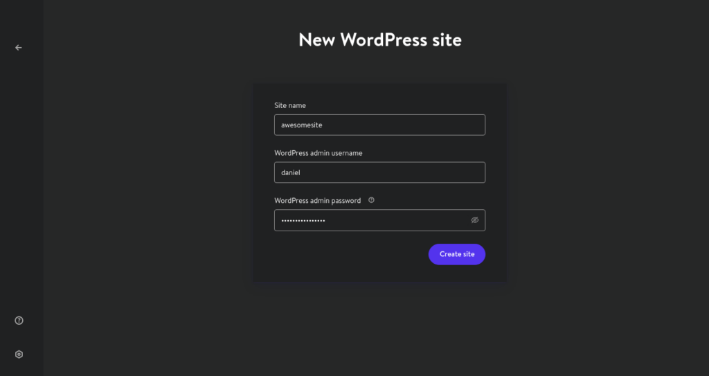 MyKinsta new WordPress site form with the fields of "Site name", "WordPress admin username", and "WordPress admin password" as well as the create site button.