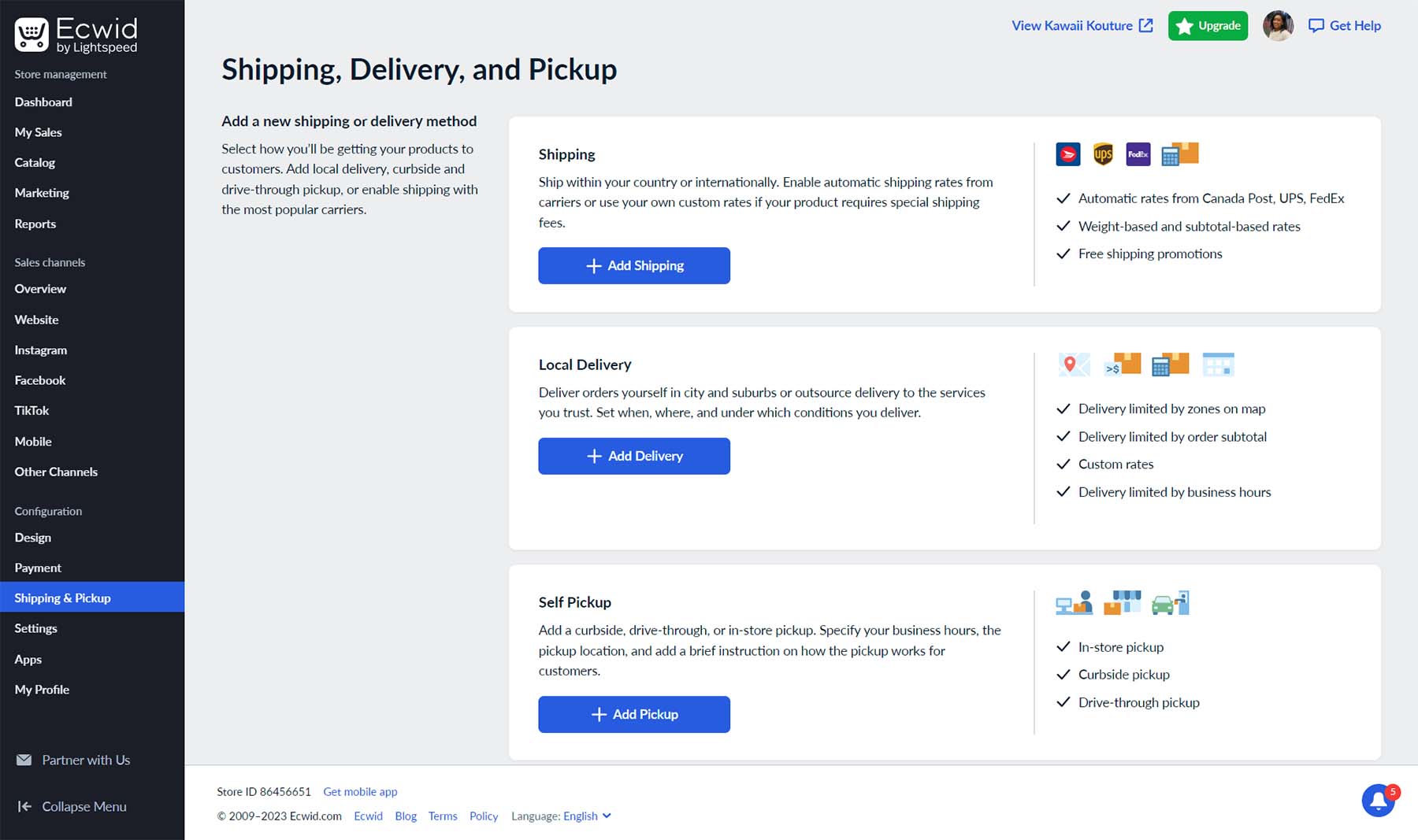 Different shipping methods Ecwid