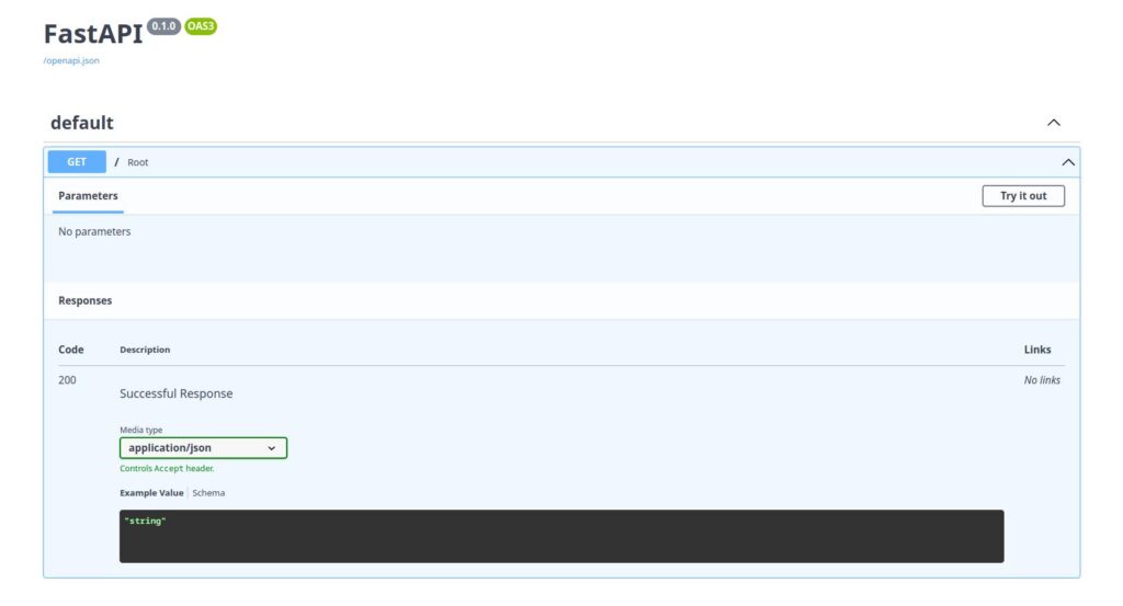  FastAPI Get interface showing off the necessary parameters for the endpoint and the HTTP response.