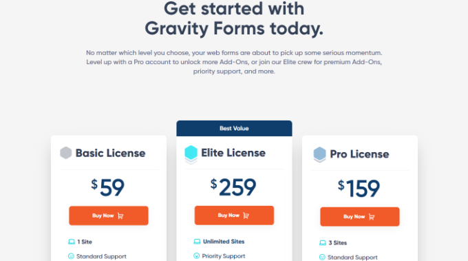 Gravity Forms pricing plans