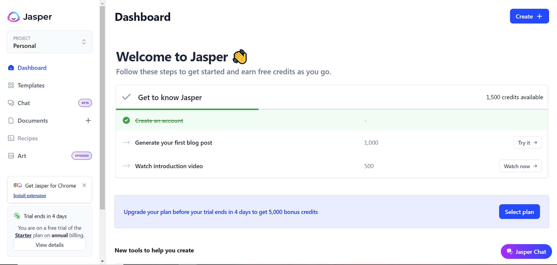 Jasper AI dashboard