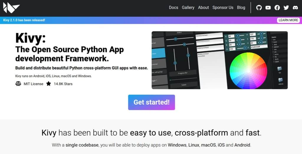 Kivy website displaying the docs, gallery, and blog pages, and the call to action “Get started!”.