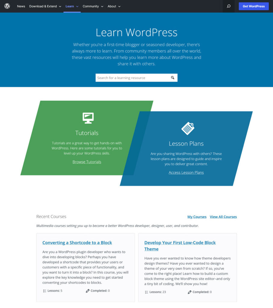 learn wordpress section