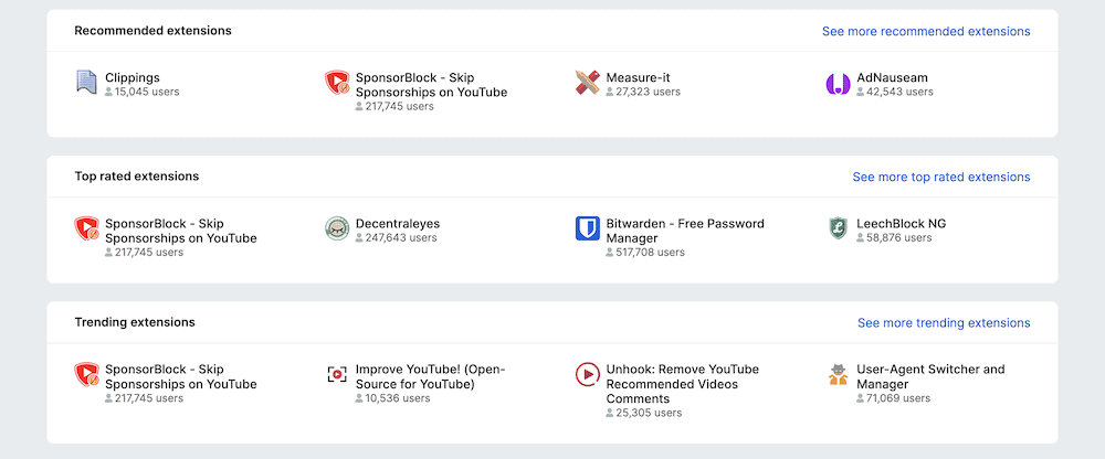 The Mozilla extension library screen showing a collection of different extensions you can install for the Tor Browser. Each one has an icon and a user count, and they are separated into various related categories.