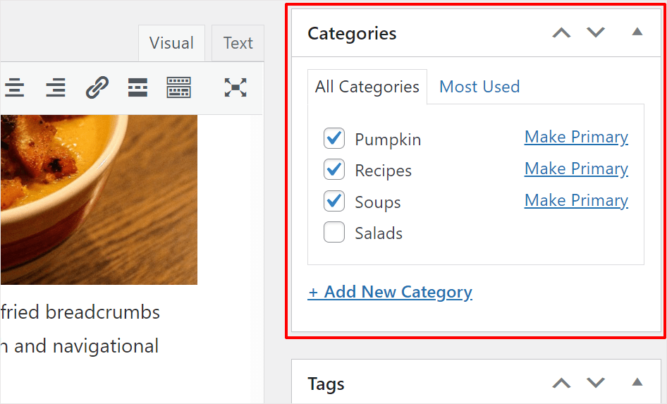 Example of WordPress post assigned to multiple categories with the option to assign a primary category.