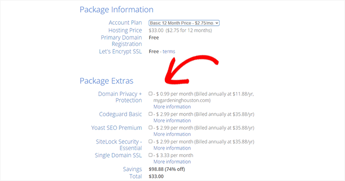 uncheck package extras