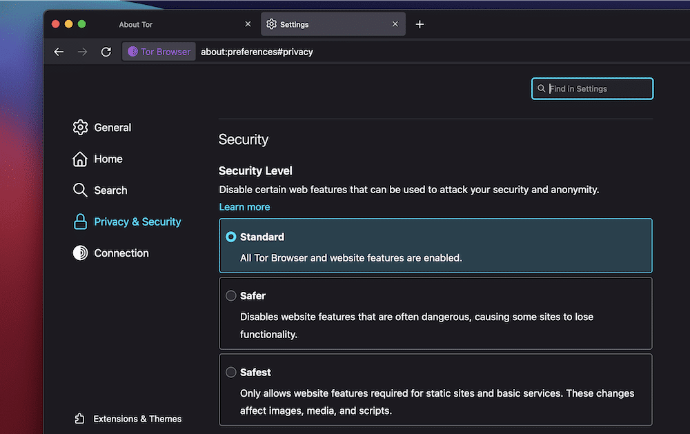 A Tor Browser window on a red, blue, and purple background that shoes the Privacy and Security settings. There are three radio buttons for Standard, Safer, and a Safest options, complete with explanatory text.