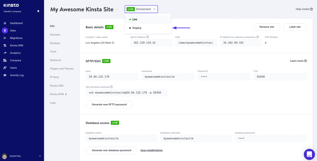 Kinsta's site page staging environment option.