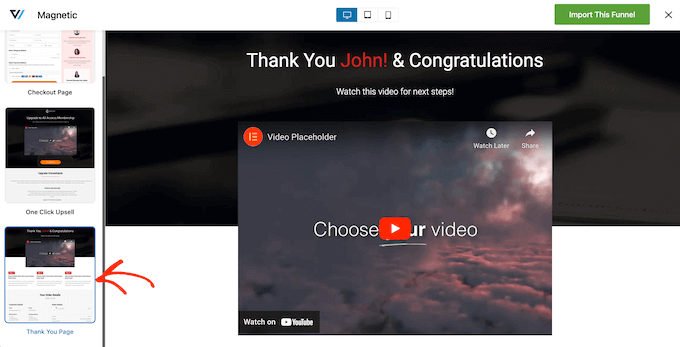 Choosing a 'thank you' template using FunnelKit