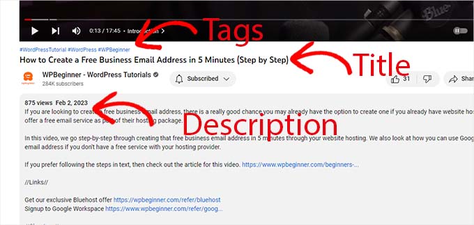 Title, tags, and descriptions used in a YouTube video