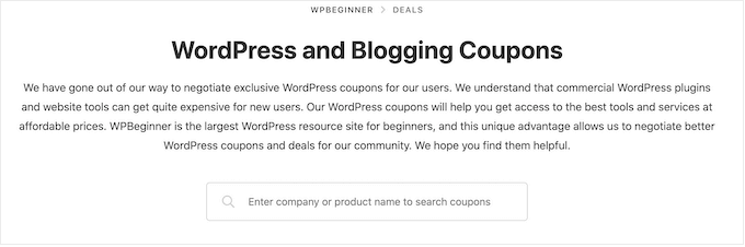 Searching coupons and deals on the WPBeginner website