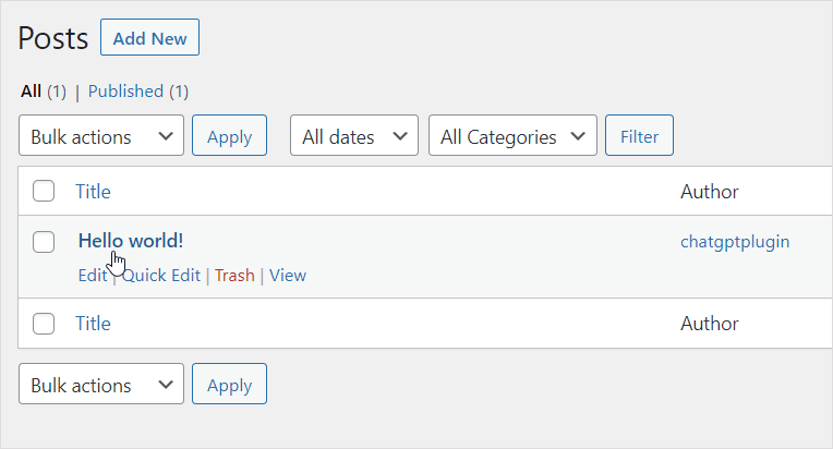 WordPress Posts table with single post entry.