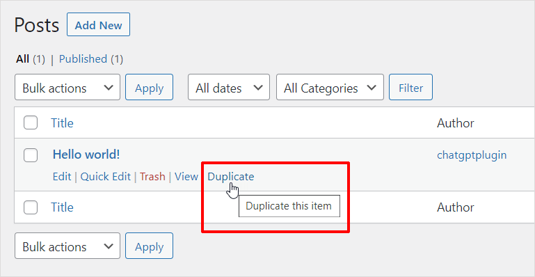 WordPress Posts Table - Post entry with a new Duplicate item.
