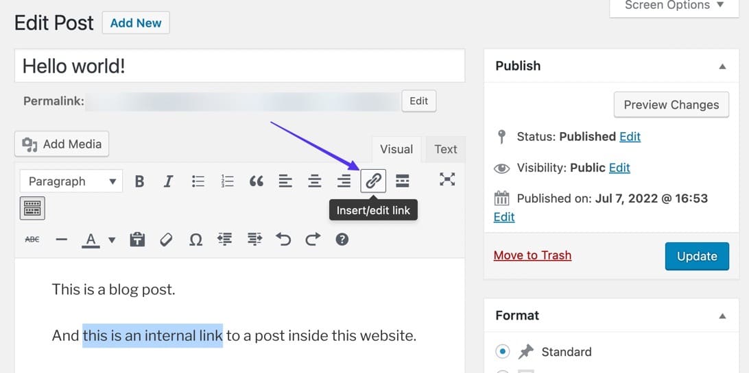 text highlighted and clicking the Insert Edit link button in WordPress