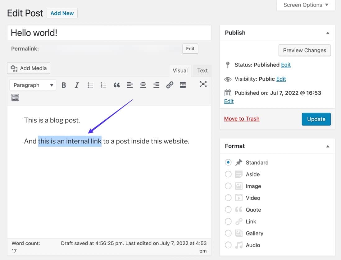 highlighting a section of text in the WordPress editor
