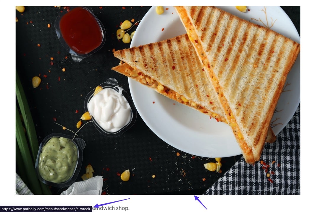 arrow pointing to the browser's preview URL on a Potbelly product page