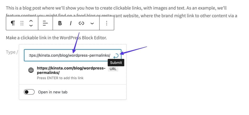 pasting in a URL and clicking on the Submit button, which looks like a curved arrow