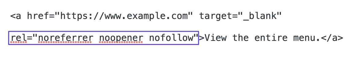 rel=noreferrer noopener and nofollow highlighted within the link code