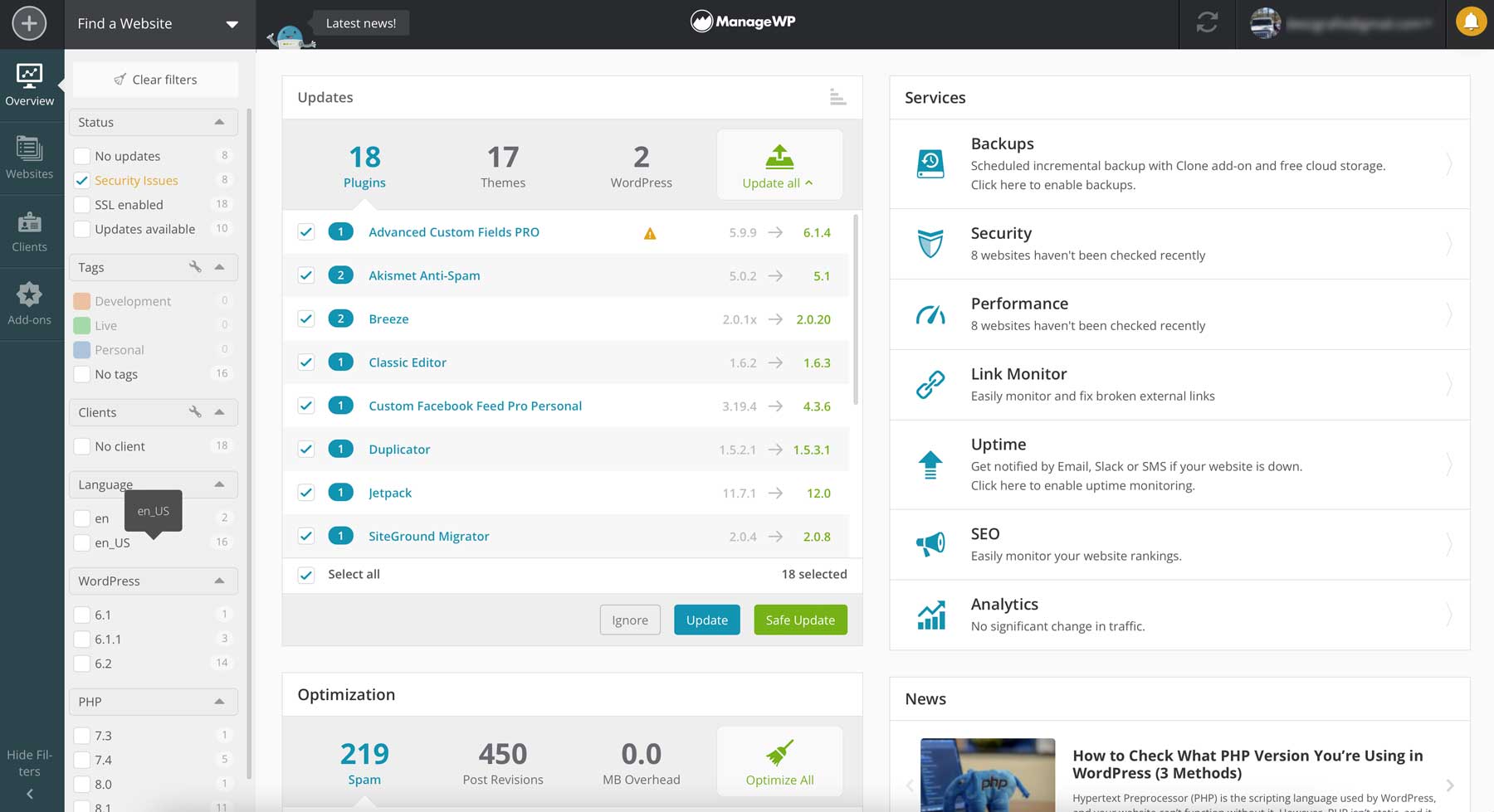 ManageWP dashboard