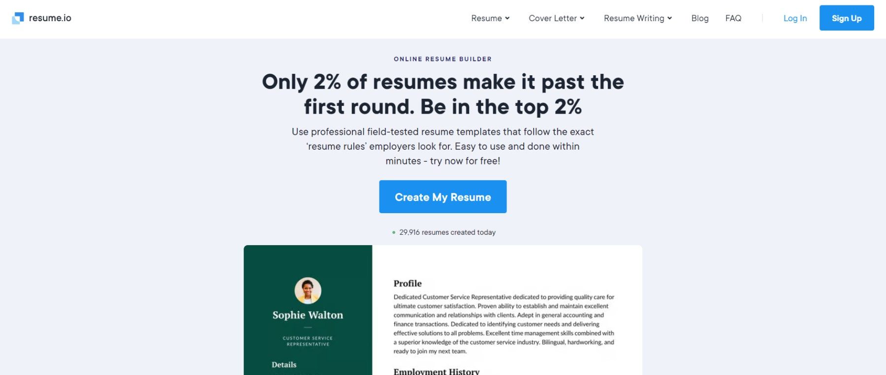 Resume.io - Homepage May 2023
