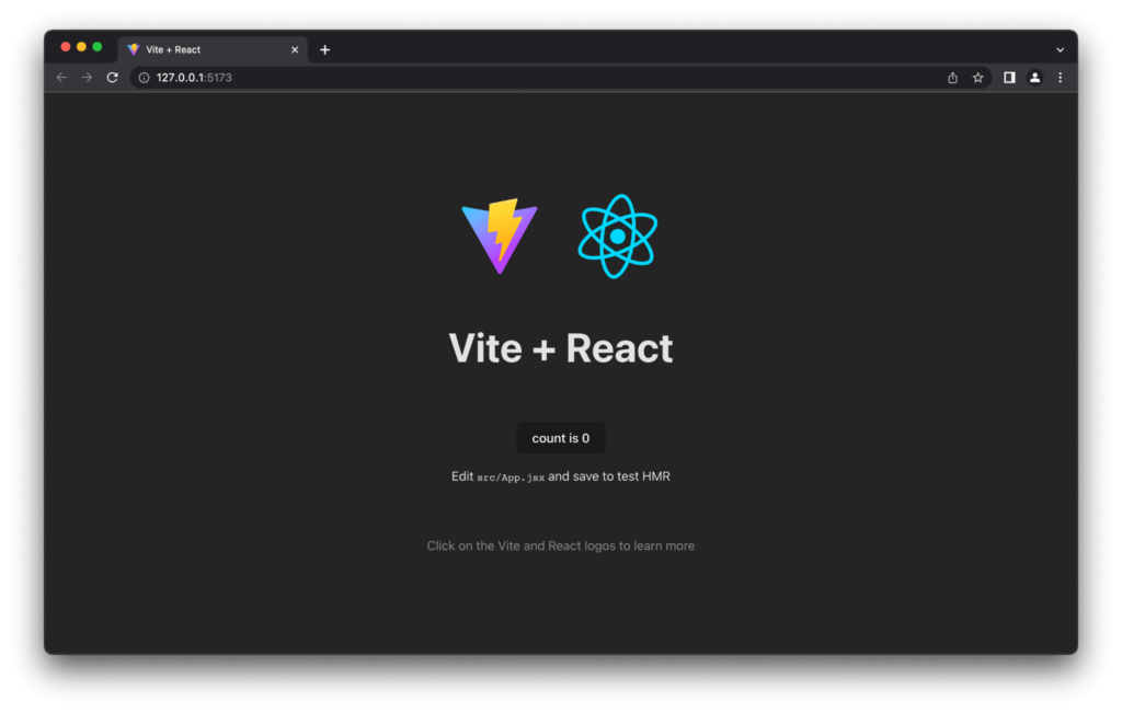 Screenshot of React’s default page displays a logo of React and Vite, a button and text.
