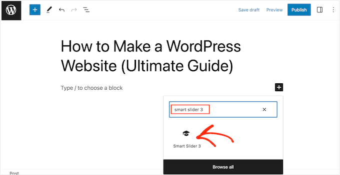 Adding the Smart Slider 3 block to a page or post