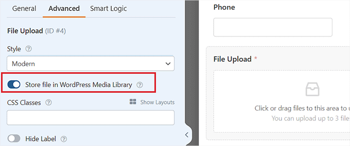 Toggle the switch to allow the form to store files in the media library