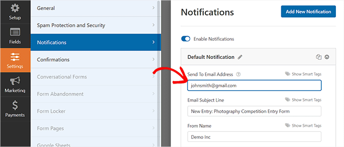 Change the email address the receives the notifications