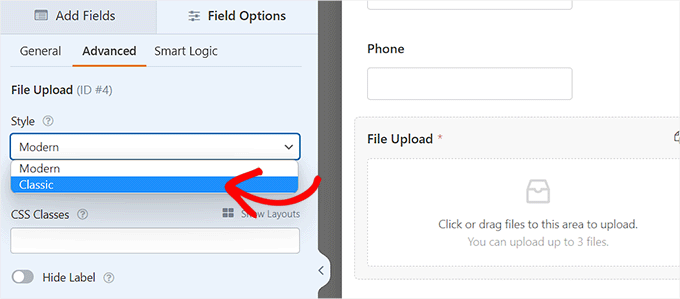 Choose the Classic option as the form style from the dropdown menu
