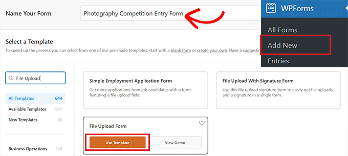 Choose the File Upload form template