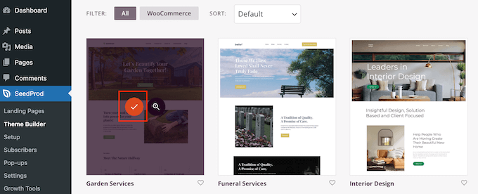 Choosing a website template kit using SeedProd